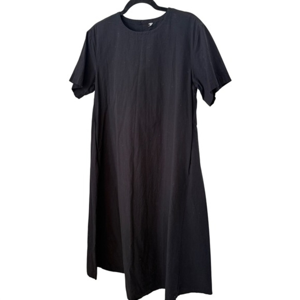 MUJI Black 100% Cotton Short Sleeve Midi Dress with Pockets XS Minimalist Poplin